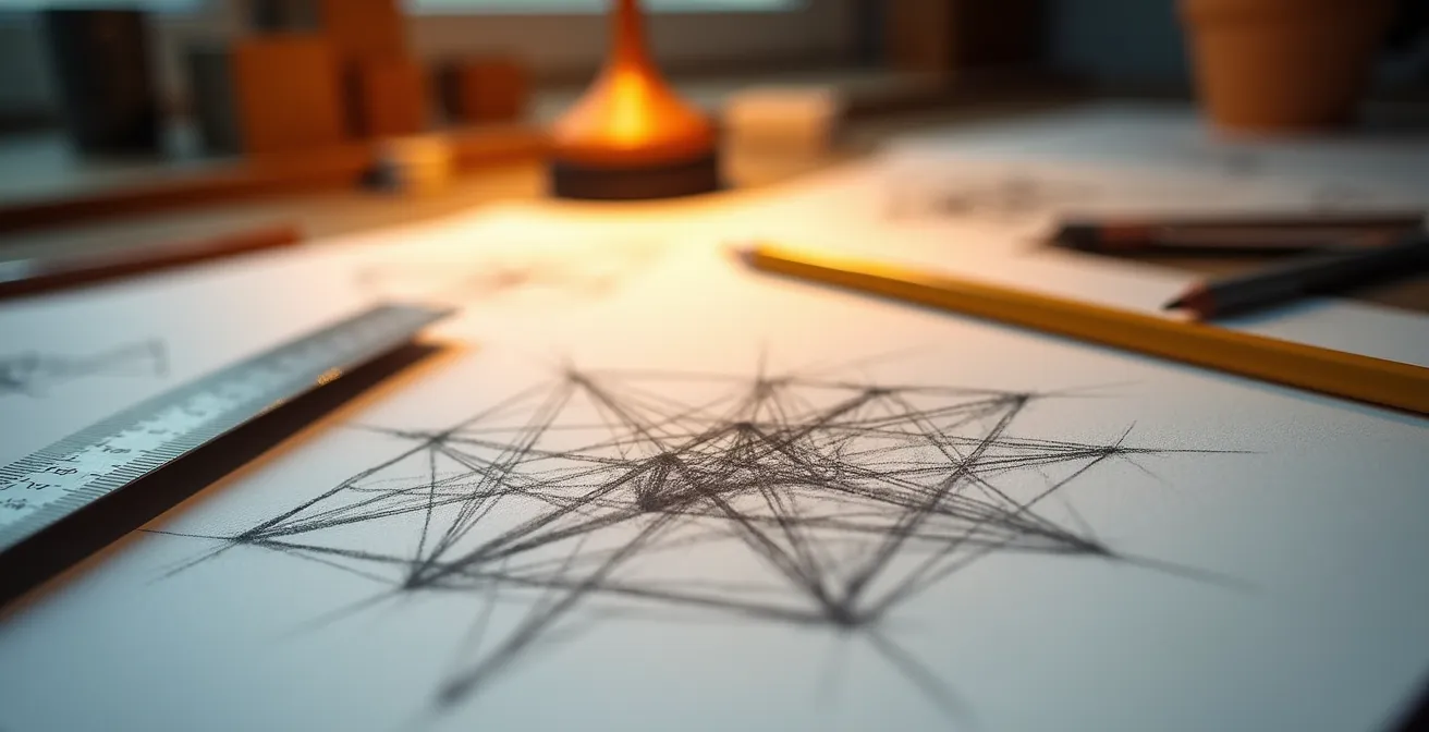 Dessin analytique montrant la structure géométrique d'une grande composition picturale avec lignes directrices et points focaux visibles, atelier d'artiste avec esquisses composées sur table.