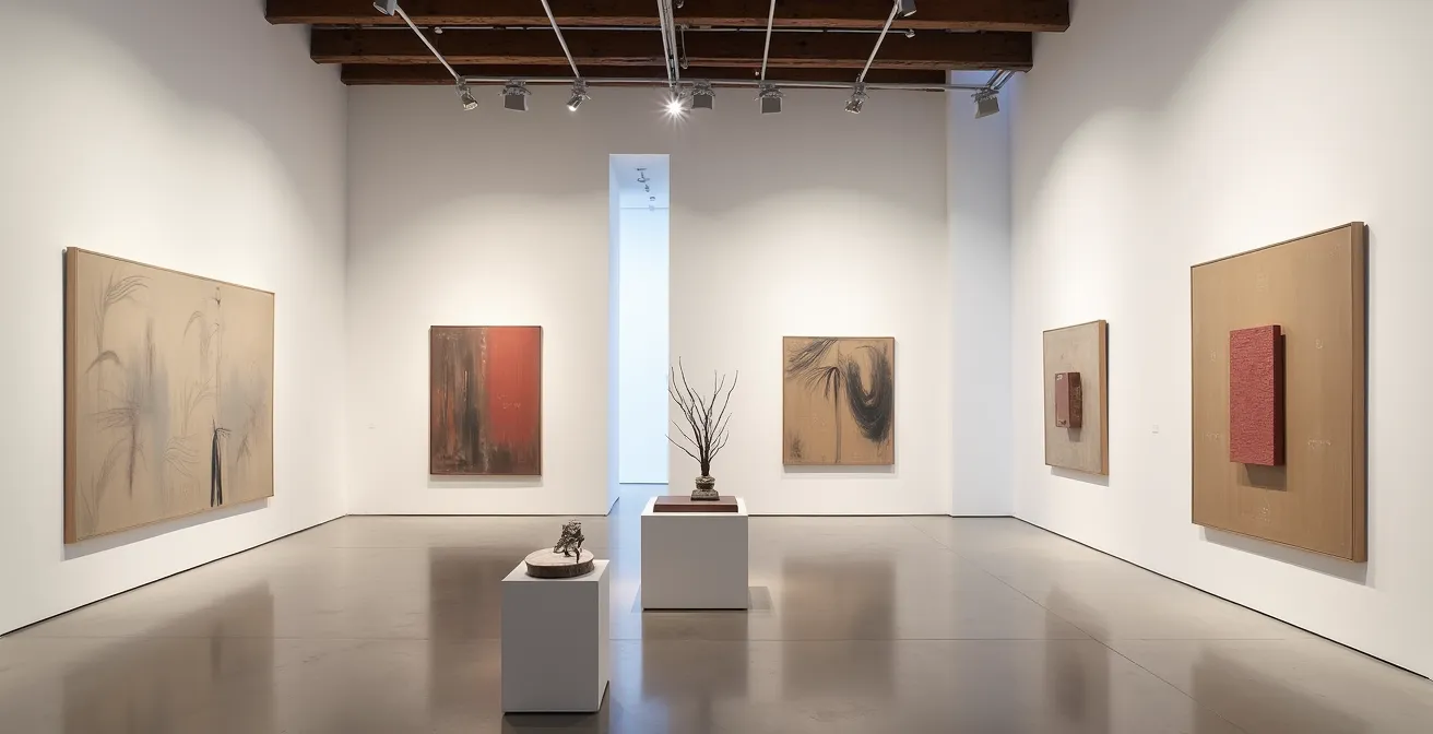 Photographie d'une galerie contemporaine montrant différentes formes d'art : peintures murales abstraites, installations lumineuses, sculptures géométriques en contraste harmonieux