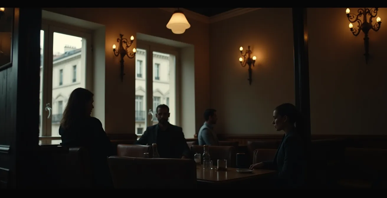 Cadrage fragmenté de scène de café parisien, personnages partiellement découpés en bordure du tableau, composition en asymétrie créant vide intentionnel.