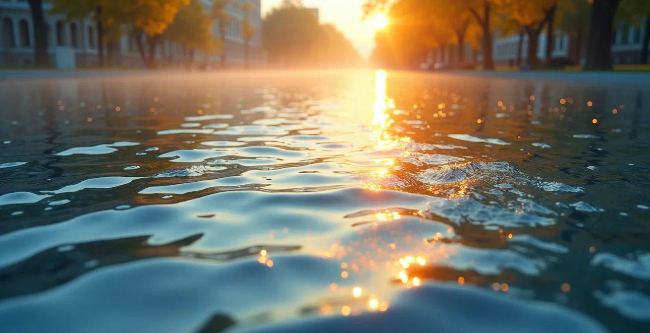 Surface d'eau vibrant de couleurs fragmentées juxtaposées, reflets du soleil, pointillé de touches de pinceau libres, sans contours définis.