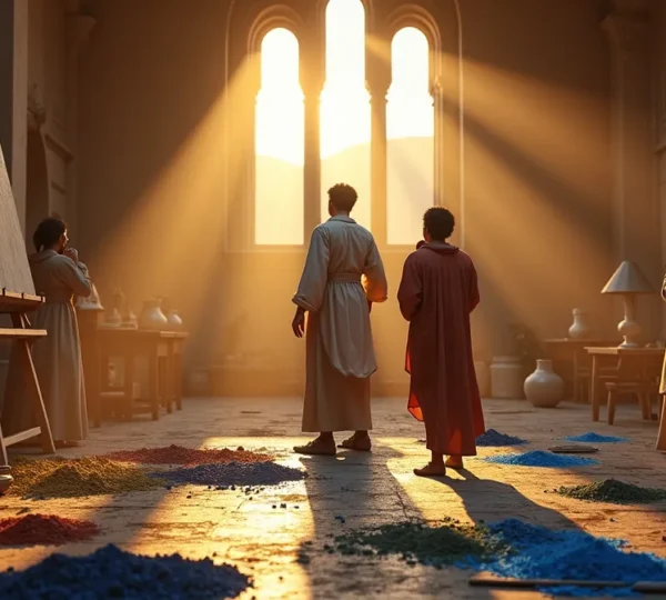 Scène d'atelier Renaissance avec maître peintre et apprentis travaillant autour de palettes de couleurs, pinceaux et toiles, lumière dorée traversant fenêtres hautes.