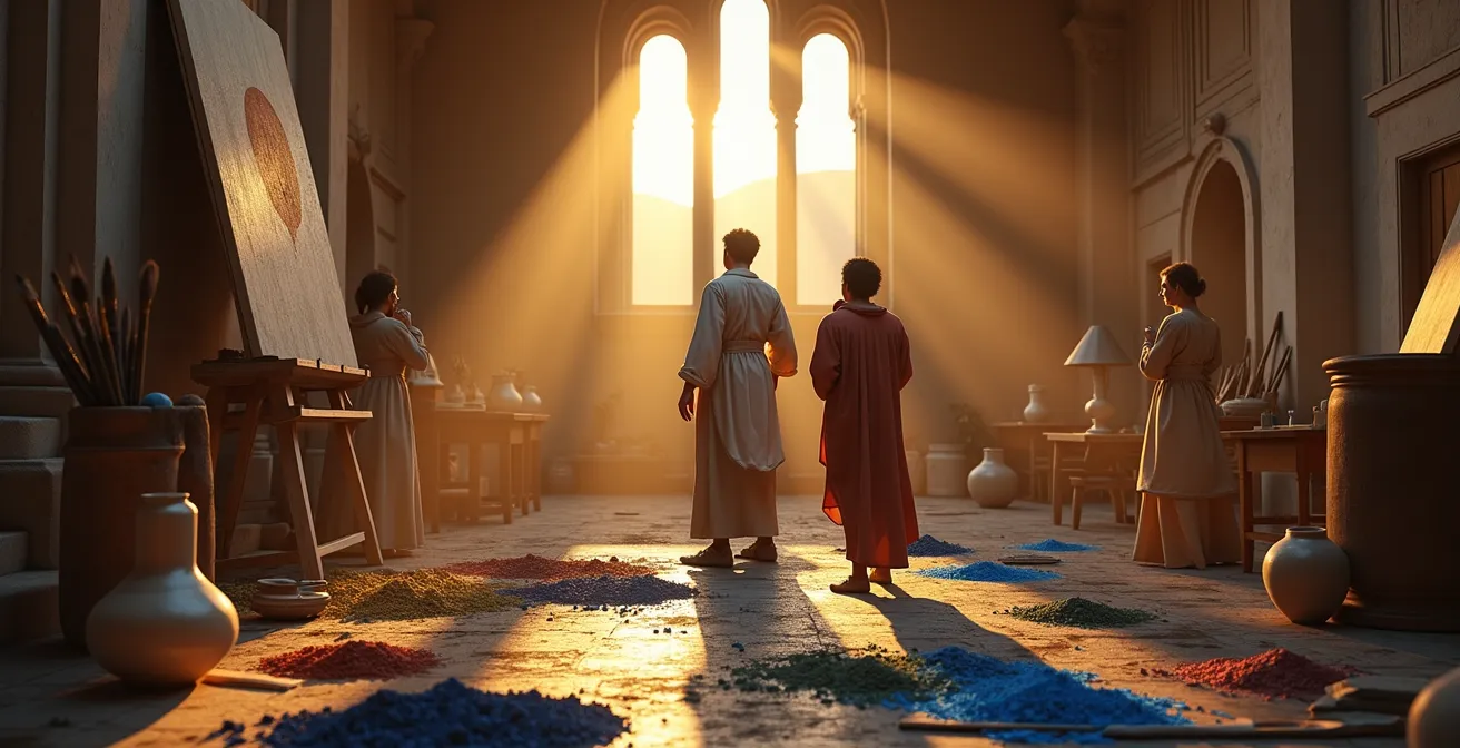 Scène d'atelier Renaissance avec maître peintre et apprentis travaillant autour de palettes de couleurs, pinceaux et toiles, lumière dorée traversant fenêtres hautes.
