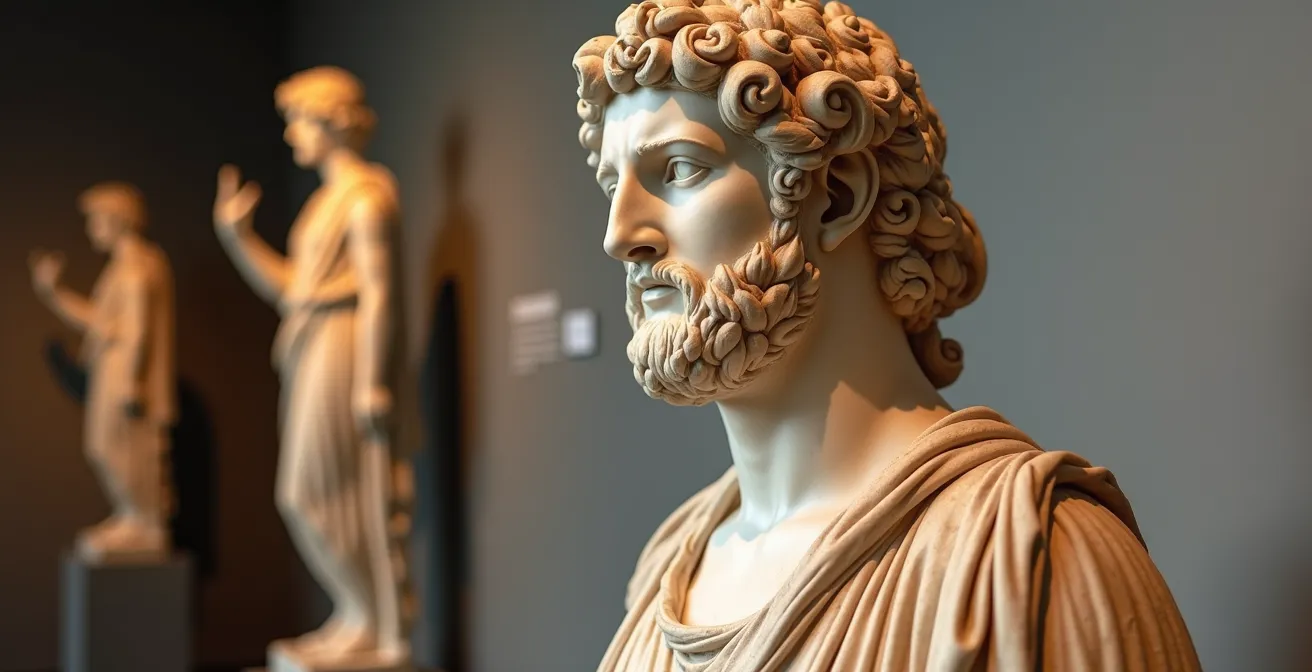 Photographie d'une reconstitution scientifique montrant une statue grecque avec ses couleurs originelles polychromes vibrantes, contrastant avec une reproduction blanche pâle