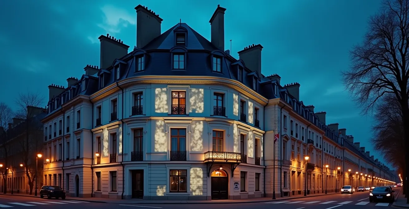 Projection mapping sur une façade architecturale française de nuit, lumières colorées transformant les formes de bâtiment ancien