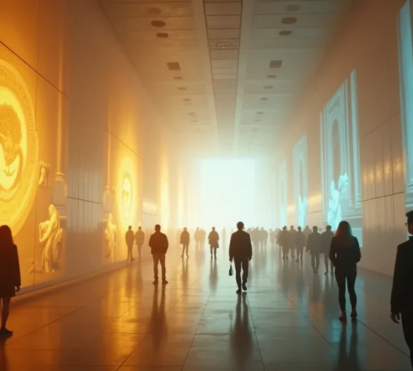 Vue immersive d'une exposition lumineuse avec projections monumentales, visiteurs en silhouette observant les jeux de lumière, atmosphère galerie immersive contemporaine