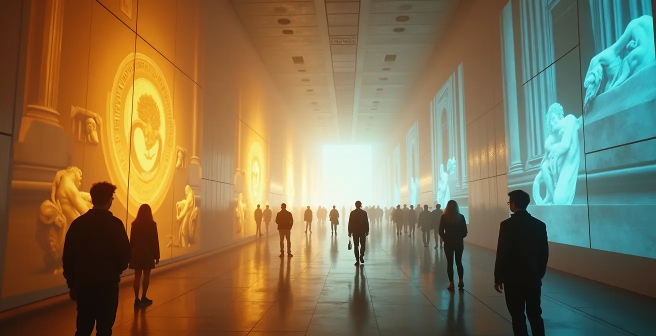 Vue immersive d'une exposition lumineuse avec projections monumentales, visiteurs en silhouette observant les jeux de lumière, atmosphère galerie immersive contemporaine