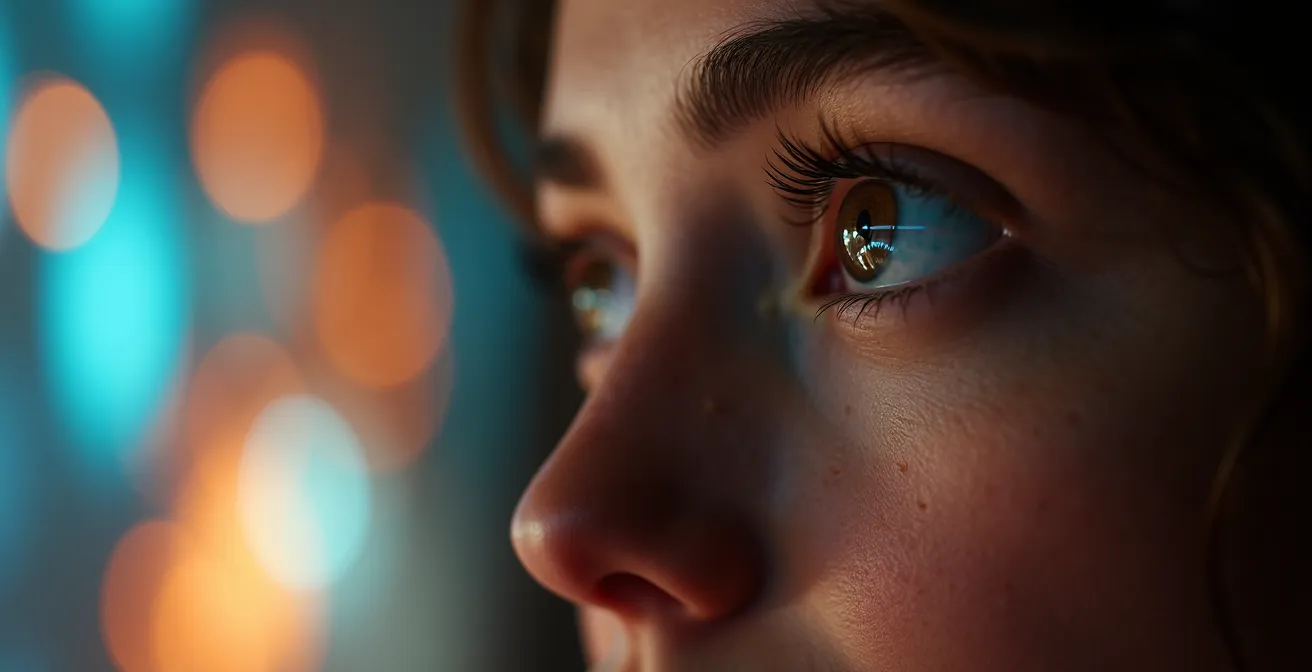 Gros plan sur les yeux et le visage d'une personne en profonde concentration, avec un léger flou de fond suggérant des projections lumineuses colorées