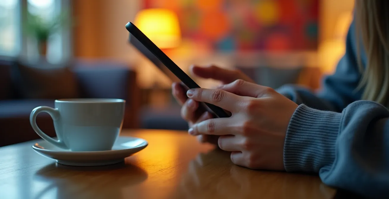 Personne consultant une galerie d'art en ligne sur tablette dans son salon