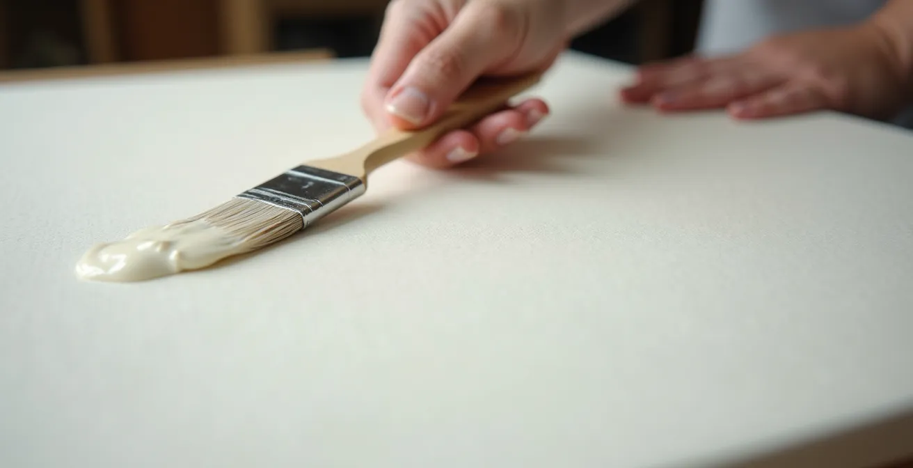 Gros plan sur l'application du gesso sur une toile avec un pinceau large