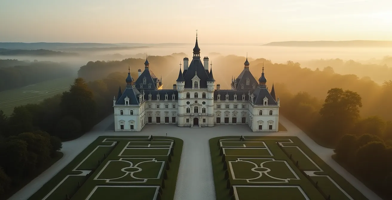 Vue aérienne imaginaire du château de Chambord montrant sa symétrie parfaite