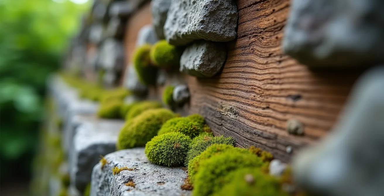 Architecture moderne intégrée dans un environnement naturel avec végétation et matériaux durables