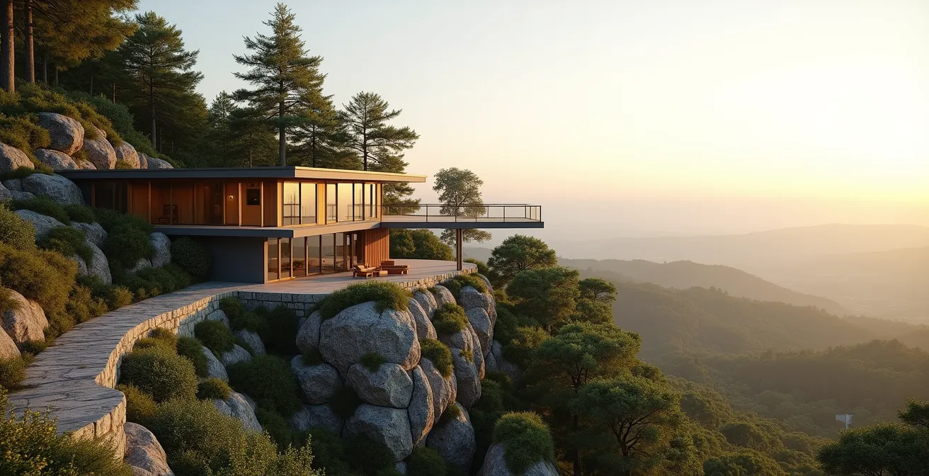 Maison d'architecture organique intégrée harmonieusement dans un paysage naturel vallonné, illustrant la philosophie de Frank Lloyd Wright.