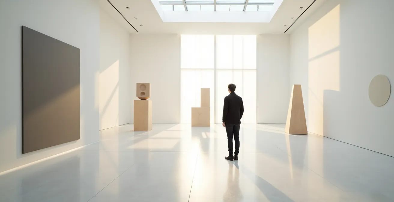 Galerie d'art contemporain parisienne avec installations abstraites et visiteurs intrigues