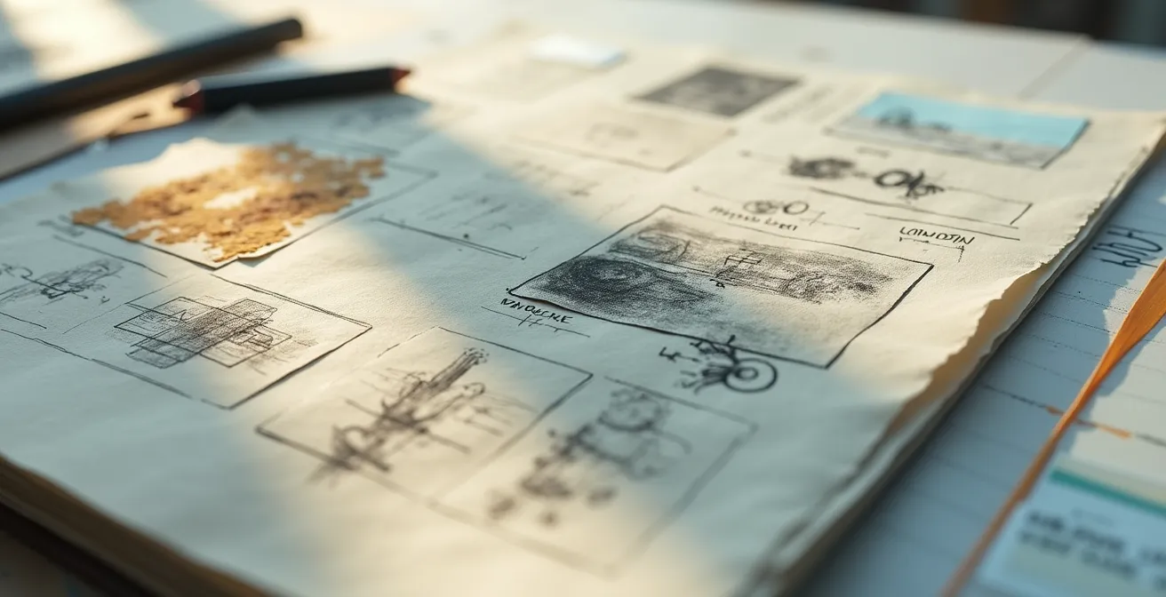 Vue macro d'un processus créatif avec matériaux et protocoles d'art conceptuel