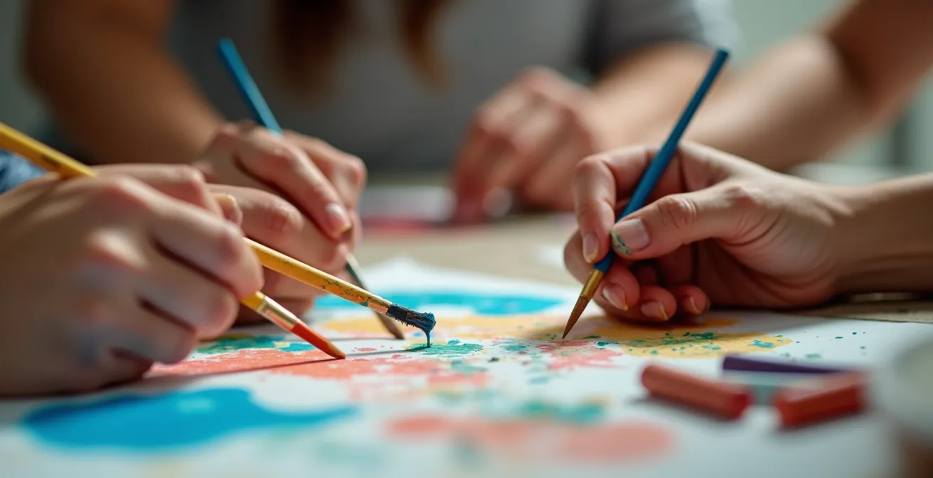 Mains de patients et thérapeutes travaillant ensemble dans un atelier d'art-thérapie