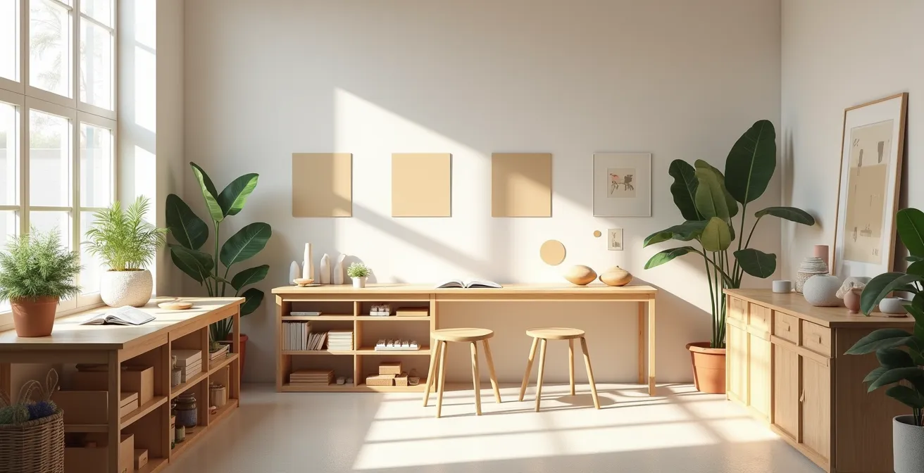 Espace de création épuré baigné de lumière naturelle, propice à la concentration et au flow.