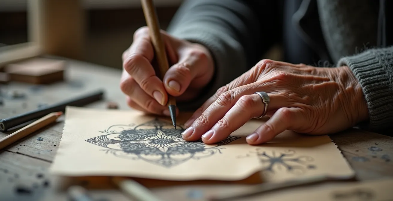 Portrait d'un créateur d'art brut travaillant sur une œuvre minutieuse