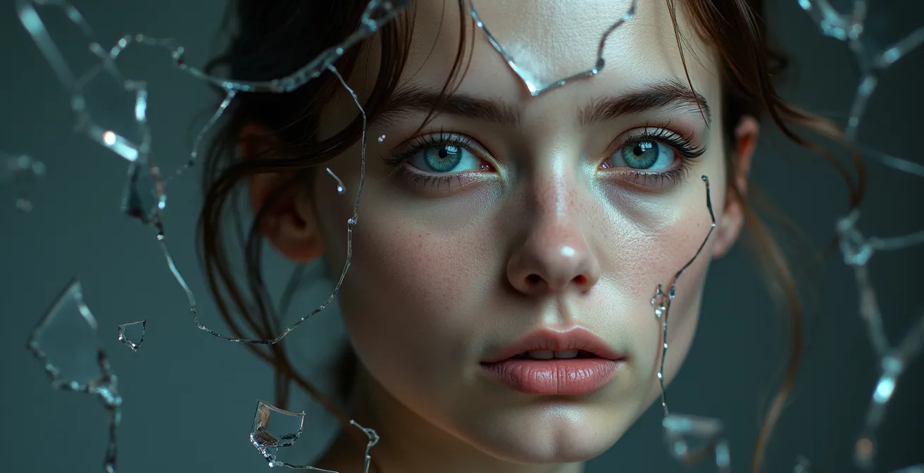 Autoportrait artistique avec reflets multiples dans des miroirs brisés