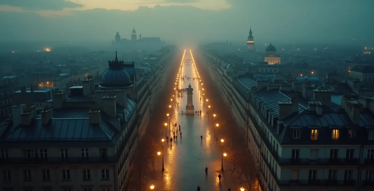 Vue atmosphérique du vieux Paris au crépuscule avec ses boulevards haussmanniens