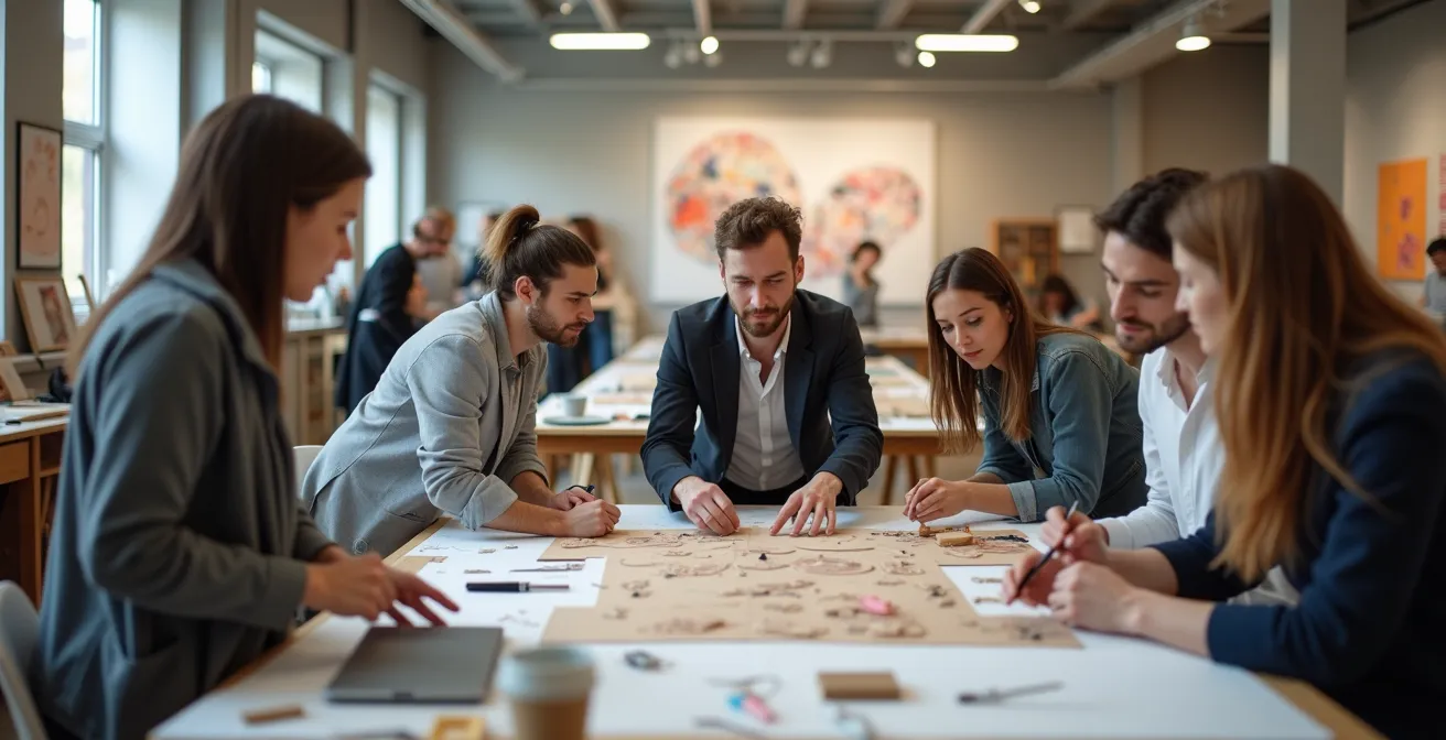 Intérieur d'un centre d'art contemporain avec des artistes en résidence travaillant sur une installation