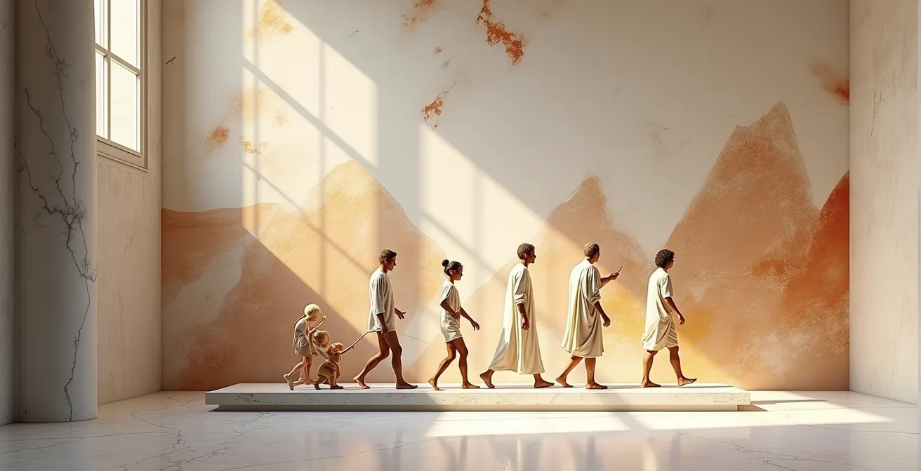 Composition surréaliste fusionnant éléments de statues grecques, toiles impressionnistes et formes cubistes, représentant l'évolution de l'art occidental