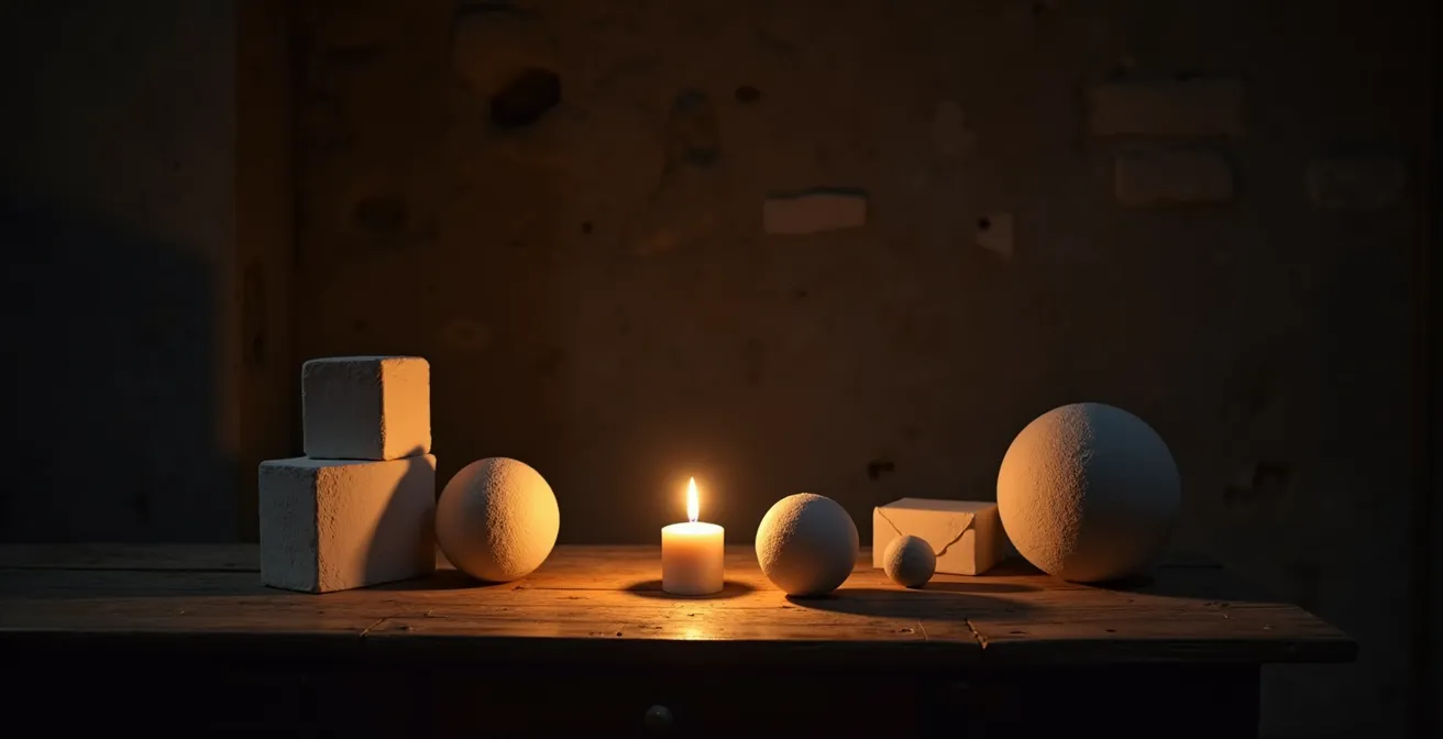 Nature morte éclairée à la bougie montrant le contraste dramatique entre ombre et lumière