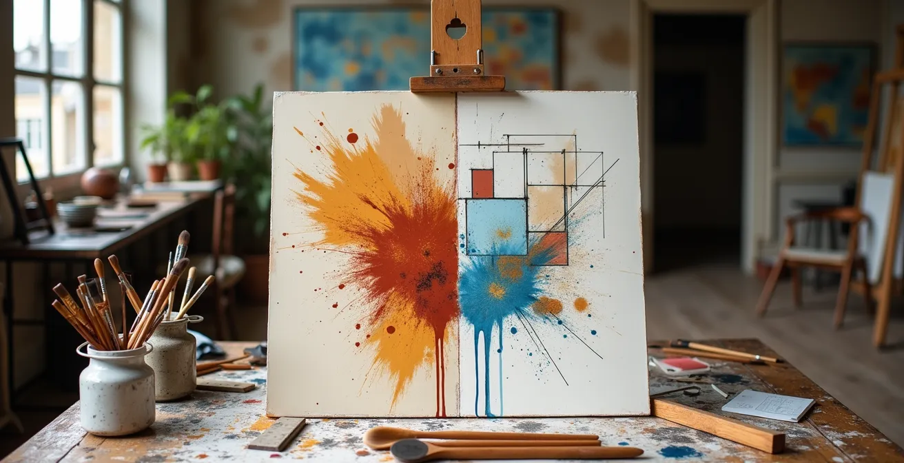 Juxtaposition visuelle entre abstraction lyrique et géométrique dans un atelier d'artiste