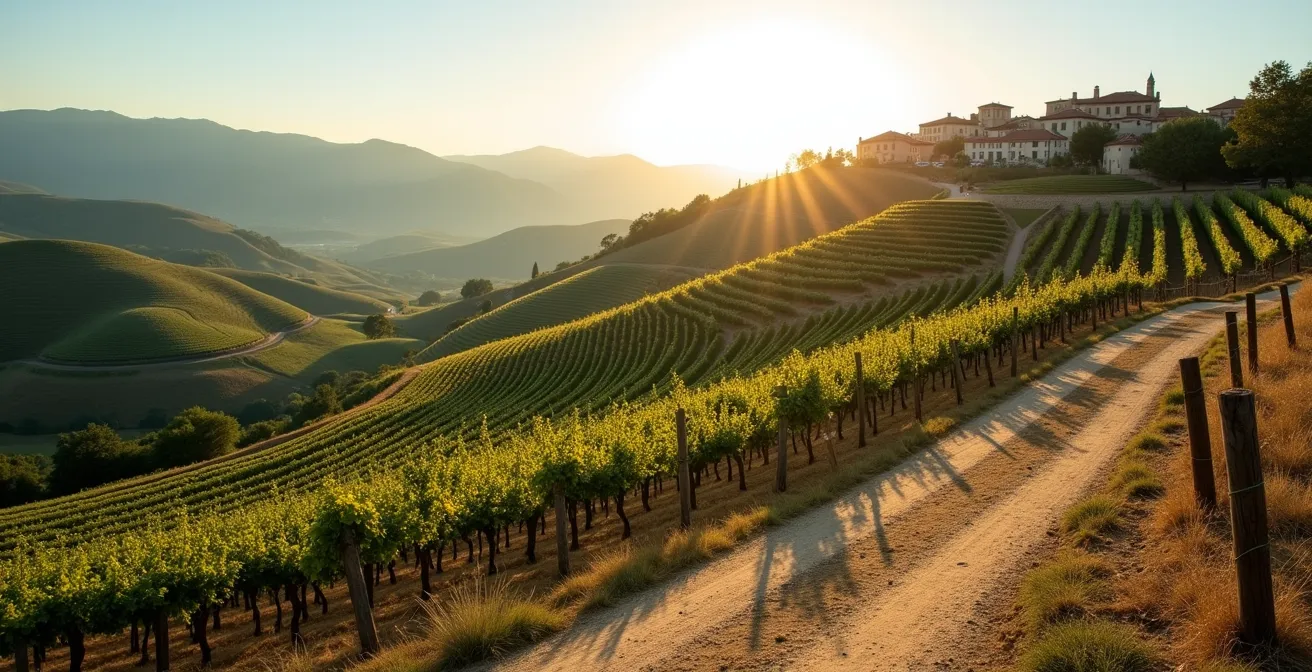 Vue plongeante sur un vignoble en terrasses avec chemin sinueux guidant le regard vers un village perché