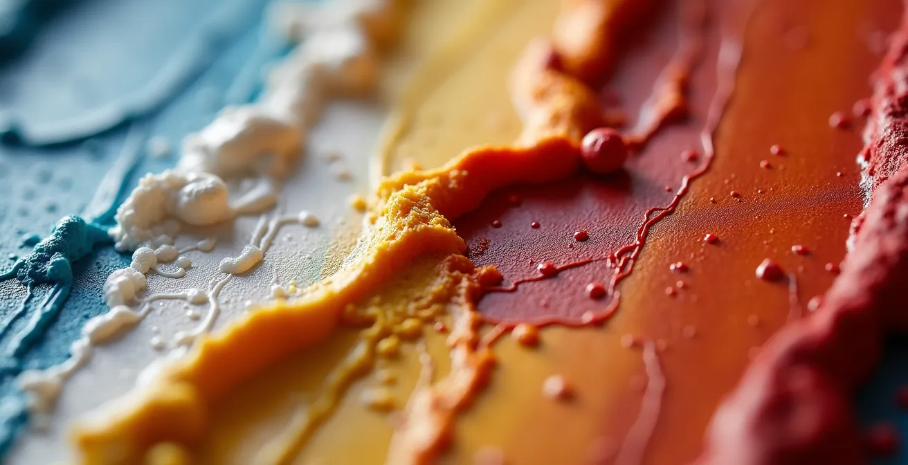 Détail macro d'une peinture montrant l'empâtement épais et les textures contrastées