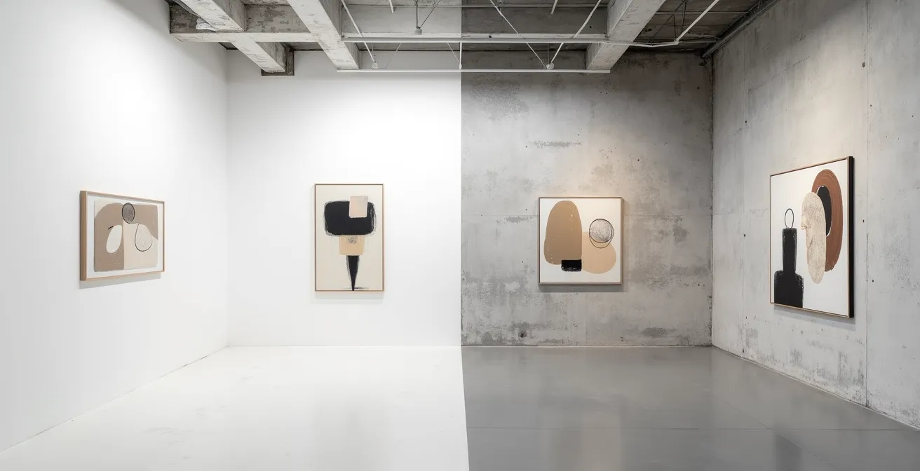 Comparaison visuelle entre une galerie white cube épurée et un espace d'art brut industriel
