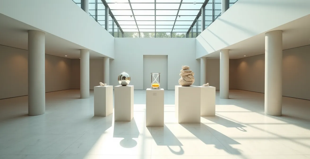 Composition abstraite représentant quatre éléments symboliques en équilibre précaire