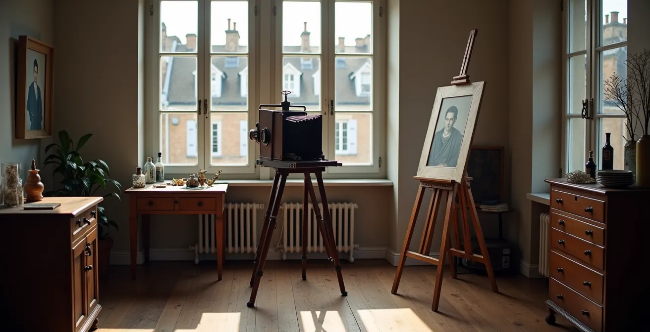 Ancien appareil de daguerréotype dans un atelier d'artiste du XIXe siècle