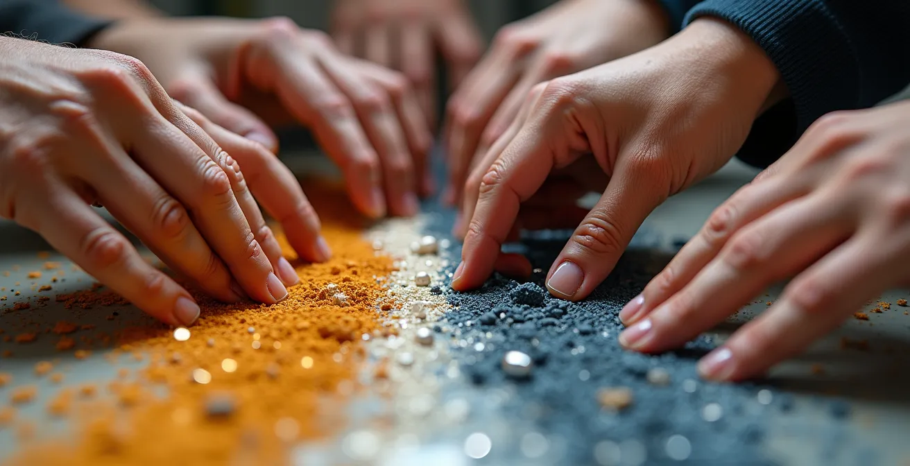 Vue macro de mains diverses interagissant avec des fragments d'œuvres d'art