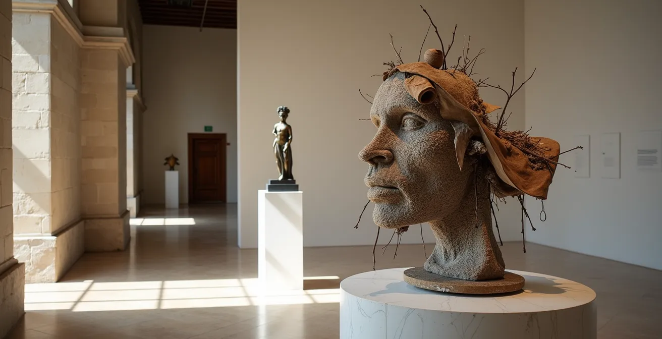 Vue d'exposition montrant la confrontation entre art moderne et art brut