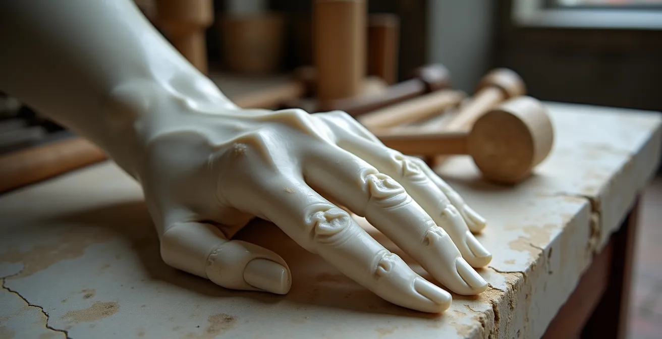 Détail macro d'une main de statue Renaissance montrant la perfection anatomique