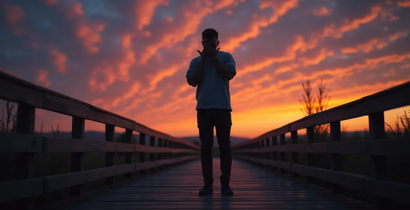 Silhouette solitaire sur un pont au crépuscule évoquant l'angoisse existentielle