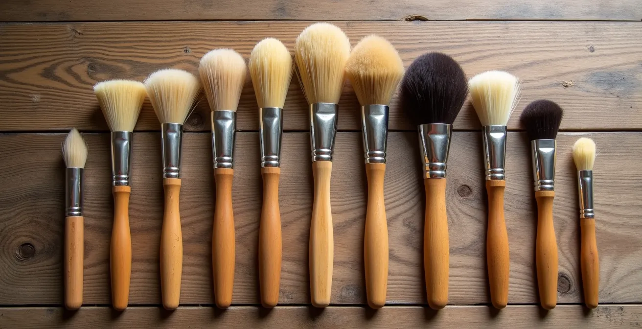 Ensemble de pinceaux d'artiste aux formes variées disposés en éventail sur surface en bois