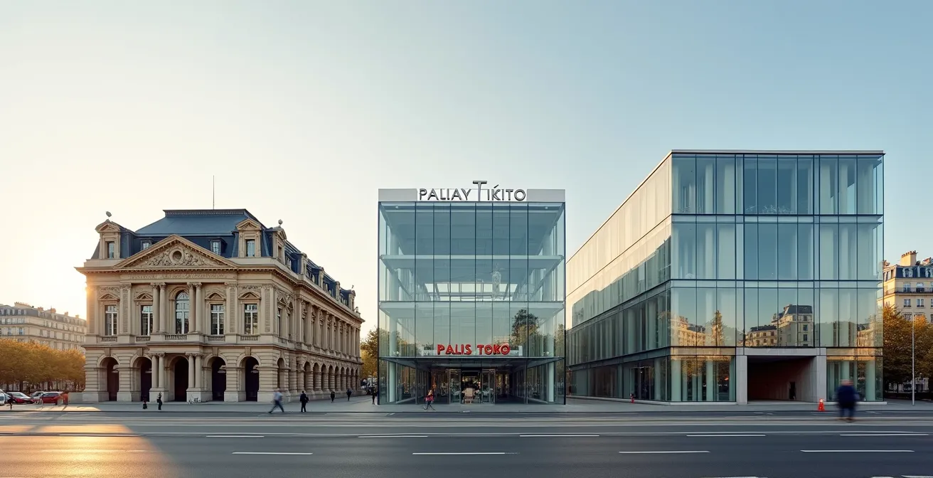 Frise chronologique de trois façades de musées parisiens illustrant l'évolution de l'art de 1874 à 2002
