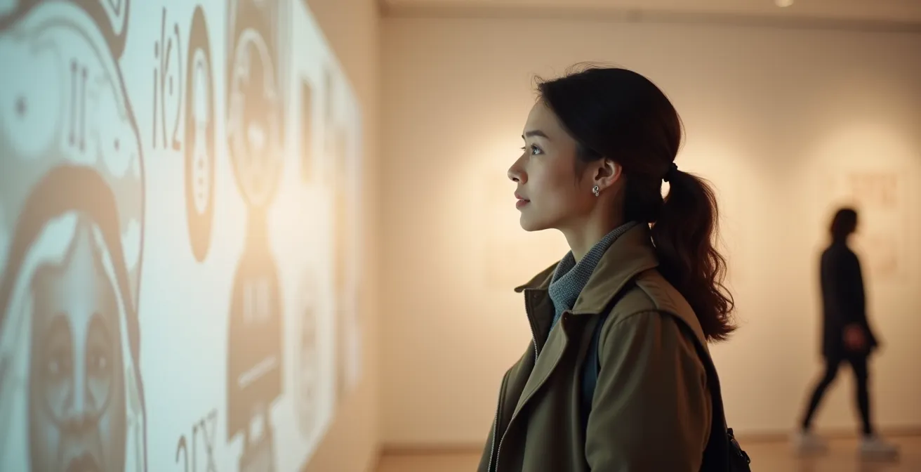 Un visiteur seul dans une galerie baignée de lumière contemplant une projection murale artistique