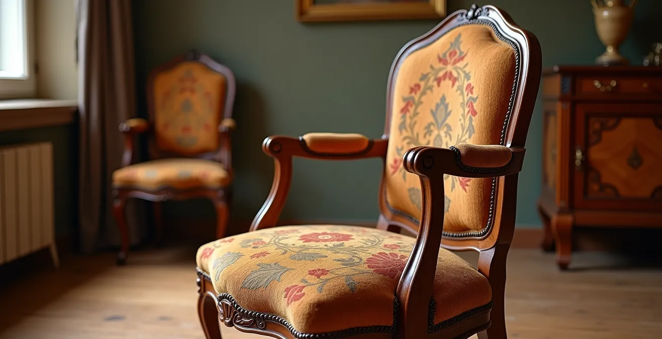 Composition éditorialiste mettant en scène des objets d'art français historiques : chaise Art Nouveau aux lignes courbes, tapisserie ancienne aux motifs floraux, et détails de marqueterie en bois précieux, arrangés dans une composition symétrique avec profondeur de champ subtile