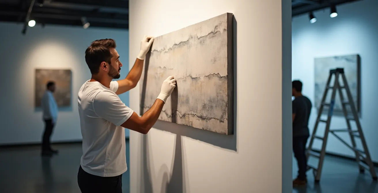 Équipe technique installant des œuvres dans une galerie d'art avec éclairages professionnels