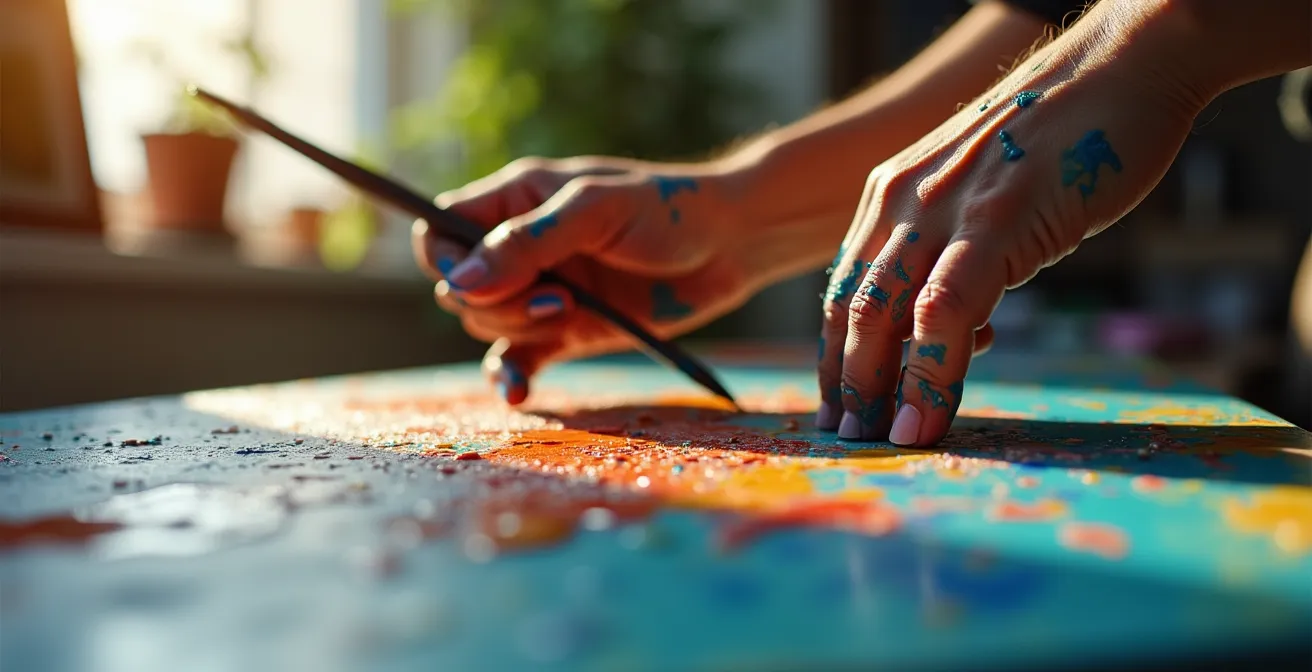 Jeune artiste travaillant dans son atelier avec des œuvres en cours de création