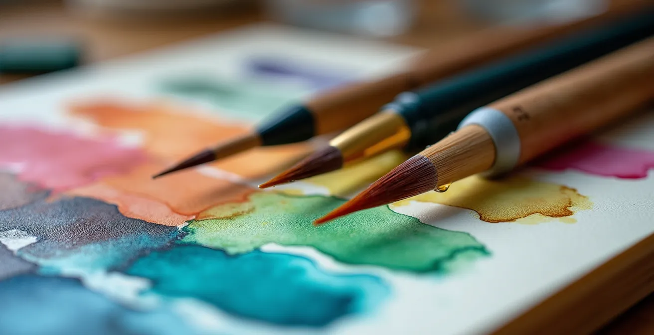 Kit d'aquarelle pour débutant avec pinceaux petit-gris, godets de couleur et papier Arches disposés harmonieusement