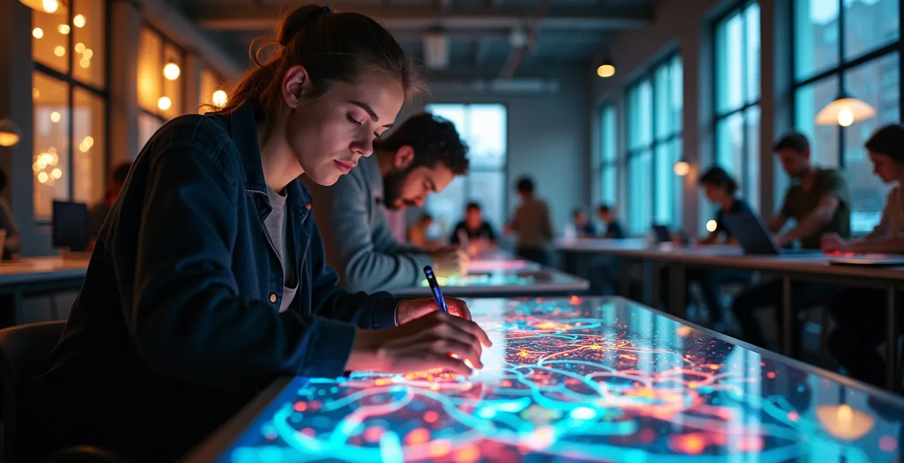 Espace de création numérique avec équipements techniques et artistes au travail