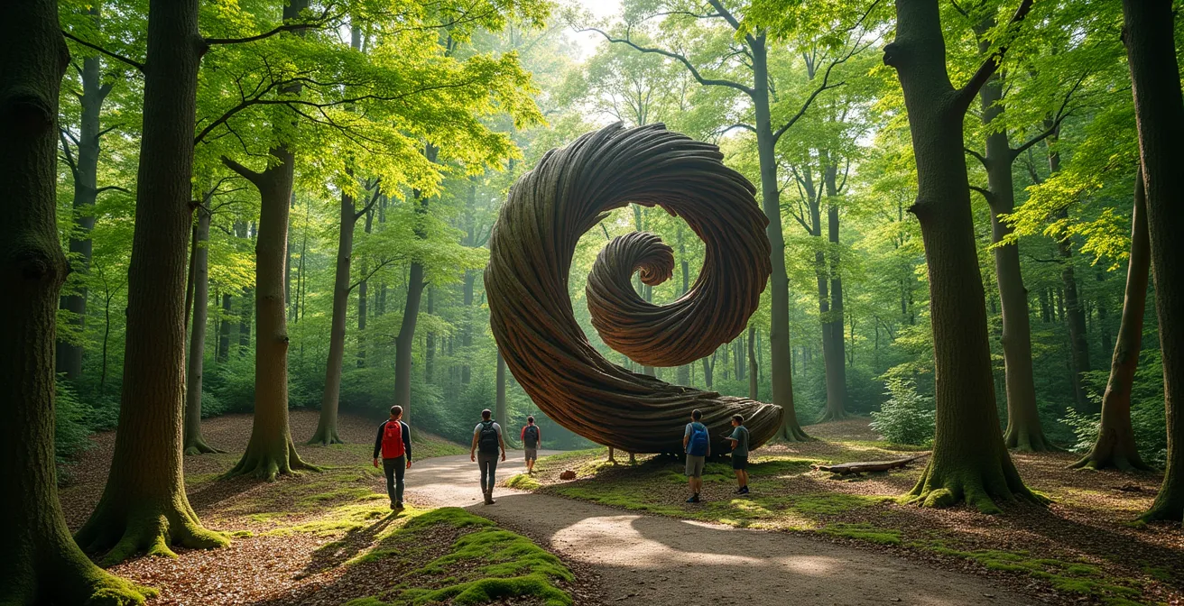 Une sculpture monumentale en bois et métal intégrée harmonieusement dans une clairière forestière, avec des promeneurs contemplant l'œuvre