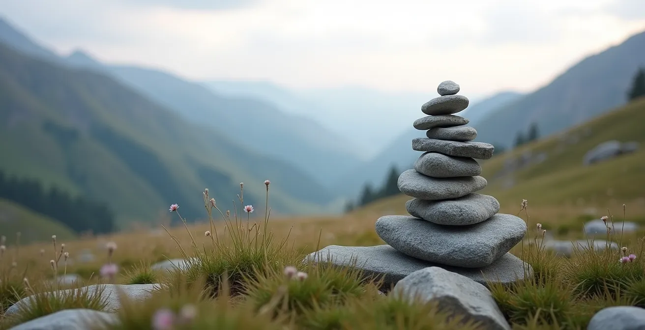 Cairn en pierre sèche intégré harmonieusement dans un paysage montagneux, sculpté par la nature et le temps