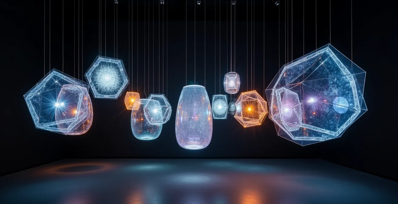 Installation artistique contemporaine utilisant des matériaux transparents innovants avec jeux de lumière colorée