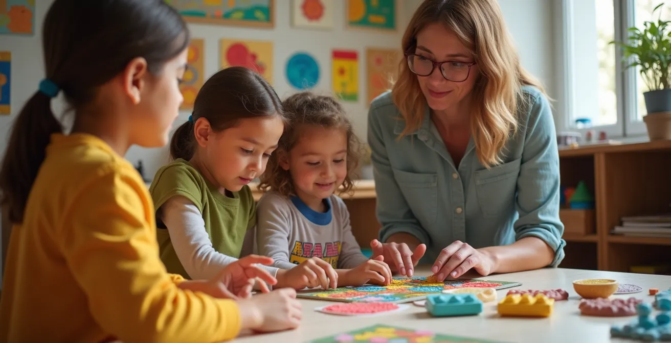 Atelier pédagogique dans un musée avec des enfants explorant des reproductions tactiles et des dispositifs sensoriels adaptés