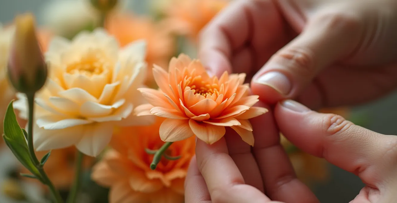 Mains arrangeant délicatement des fleurs dans un moment de flow quotidien, illustrant le micro-flow.