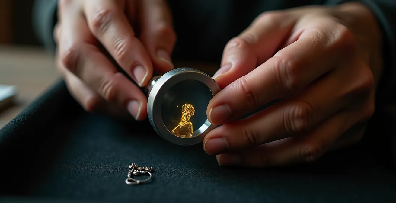 Vue rapprochée d'une micro-sculpture observée à travers une loupe de joaillier